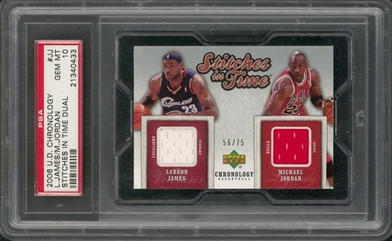 2006 Upper Deck Chronology "Stitches In Time" #JJ LeBron James/Michael Jordan Dual Jersey Patch Card (#56/75) – PSA GEM MT 10 "1 of 1!"